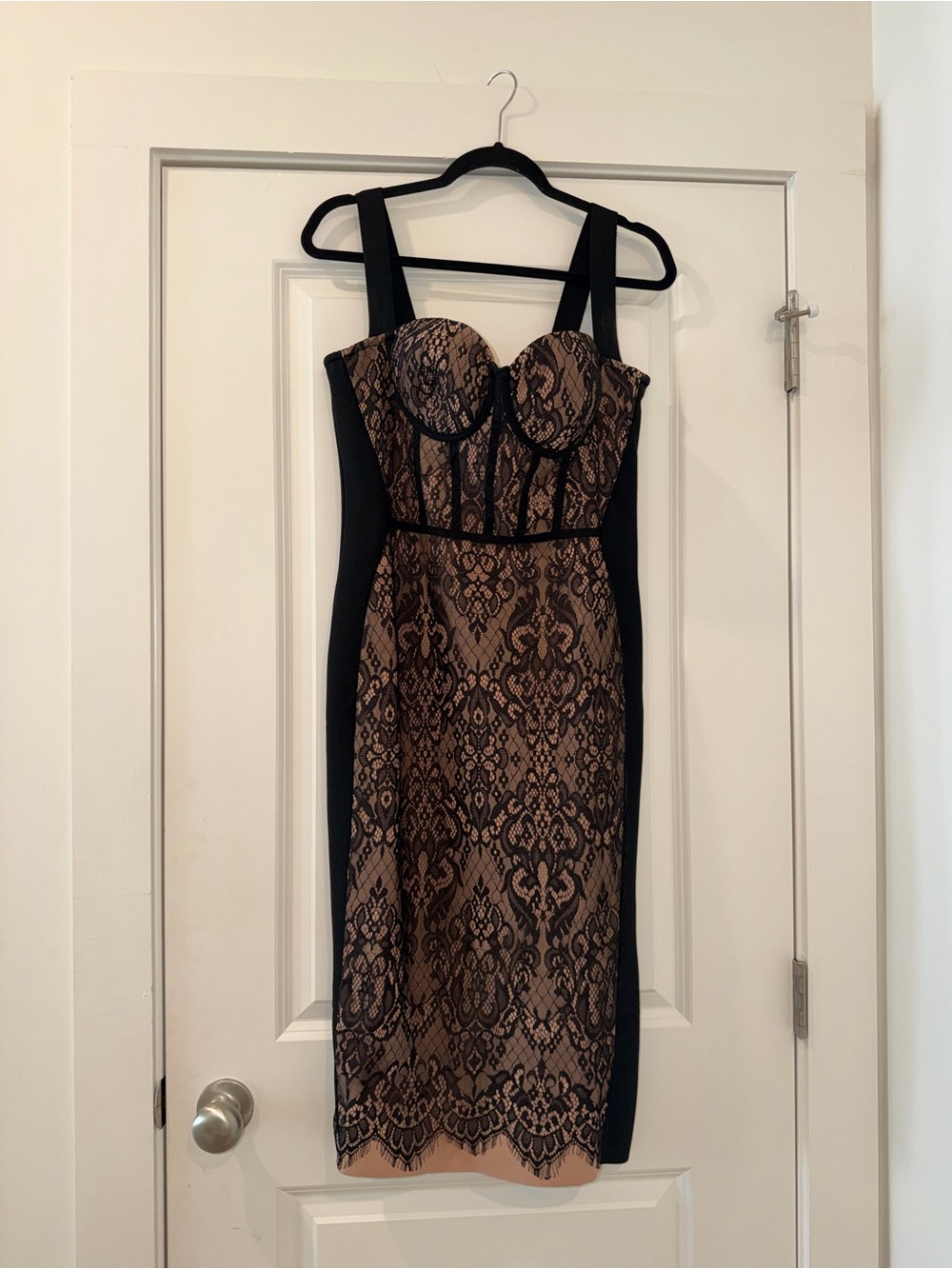 Fashion Nova Black Lace-Overlay Midi Dress with Nude Lining
